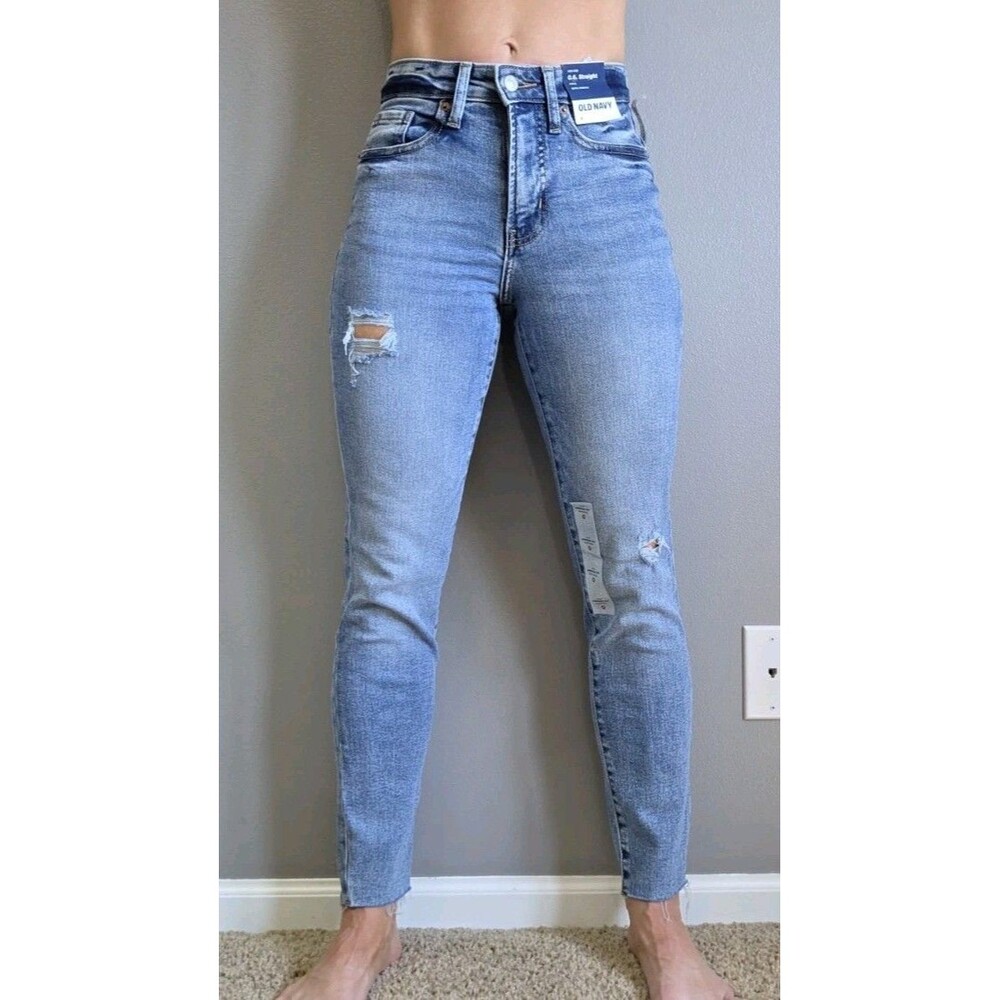 NWT Old Navy High Rise OG Straight Distressed Jeans | Size 0 | Raw Hem 26x27.5
